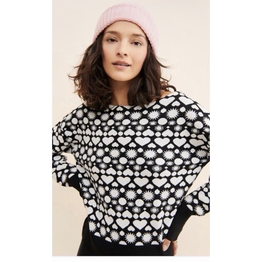 Anthropologie Maeve Boatneck Sweater Hearts size Small, Whimsigoth, Retro